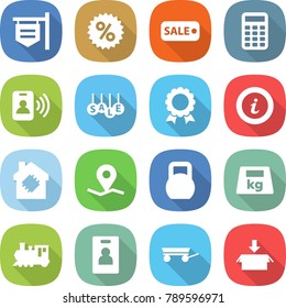 flat vector icon set - shop signboard vector, percent, sale, calculator, pass card, medal, info, smart house, geo pin, heavy, train, identity, trailer, package