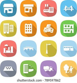 flat vector icon set - shop vector, store, bridge, houses, building, modern architecture, modular house, city, outdoor light, bus, taxi, hotel, sweeper, garden cleaning