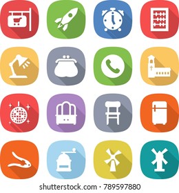 flat vector icon set - shop signboard vector, rocket, alarm clock, abacus, table lamp, purse, phone, church, disco ball, dresser, chair, fridge, walnut crack, hand mill, windmill