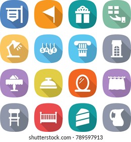 flat vector icon set - shop signboard vector, flag, gift, table lamp, sale, column, building, restaurant, service bell, mirror, curtain, chair, crib, cake, jug