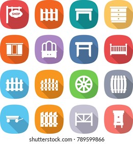 flat vector icon set - shop signboard vector, fence, table, chest of drawers, wardrobe, dresser, stool, crib, wheel, barrel, trailer, farm, hive