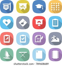 flat vector icon set - shop signboard vector, presentation, graduate hat, chip, pacemaker, under construction, clipboard, pen, check, inventory, surfer, windsurfing, iron board, cutting