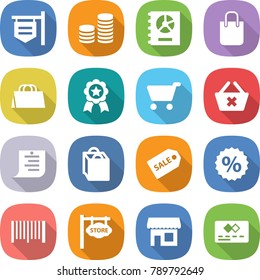 flat vector icon set - shop signboard vector, coin stack, annual report, shopping bag, medal, cart, delete, list, sale label, percent, bar code, store, credit card