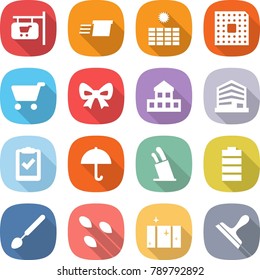 flat vector icon set - shop signboard vector, delivery, sun power, cpu, cart, bow, cottage, office, clipboard check, dry cargo, stands for knives, battery, big spoon, seeds, clean window, scraper