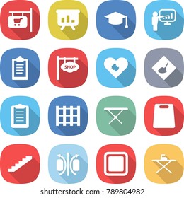 flat vector icon set - shop signboard vector, presentation, graduate hat, clipboard, pacemaker, under construction, pallet, iron board, cutting, stairs, magnetic field