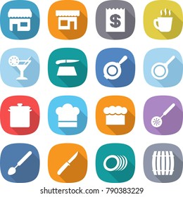 flat vector icon set - shop vector, receipt, hot drink, cocktail, cutting board, pan, cook hat, chief, skimmer, big spoon, knife, plates, barrel