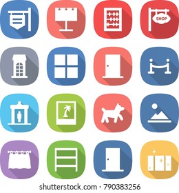 flat vector icon set - shop signboard vector, billboard, abacus, building, window, door, vip fence, detector, photo, dog, landscape, curtain, rack, clean