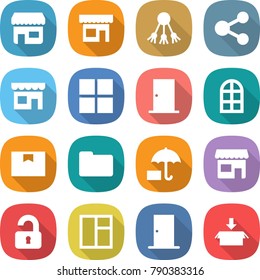 flat vector icon set - shop vector, share, window, door, arch, package box, documents, insurance, unlocked