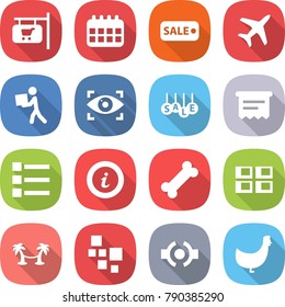 flat vector icon set - shop signboard vector, calendar, sale, plane, courier, eye identity, atm receipt, list, info, bone, panel house, palm hammock, blocks, connect, chicken