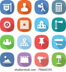 flat vector icon set - shop signboard vector, man, courier, calculator, sun power, cpu, mansion, lighthouse, building helmet, map, pin, lounger, landscape, curtain, hair dryer, floor lamp