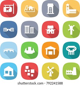 flat vector icon set - shop signboard vector, project, building, church, school, district, japanese house, windmill, bridge, helmet, warehouse, antique column, home, blocks, factory