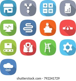 flat vector icon set - shop vector, core splitting, calculator, pills bottle, monitor pulse, intestines, hospital recieption, drawbridge, transporter tape, life vest, Chair for babies, gear