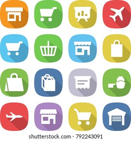flat vector icon set - shop vector, cart, presentation, plane, basket, shopping bag, atm receipt, port, garage