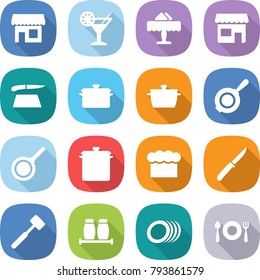 flat vector icon set - shop vector, cocktail, restaurant, cutting board, pan, chief hat, knife, meat hammer, salt pepper, plates, fork spoon plate