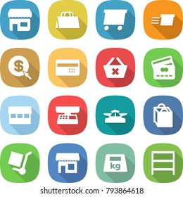 flat vector icon set - shop vector, shopping bag, delivery, dollar arrow, credit card, delete cart, market, scales, cargo stoller, heavy, rack