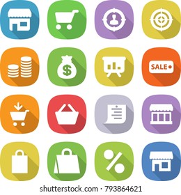 flat vector icon set - shop vector, cart, target audience, coin stack, money bag, presentation, sale, add to, basket, shopping list, market, percent