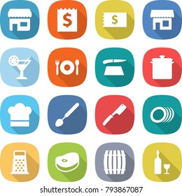 flat vector icon set - shop vector, receipt, cocktail, cafe, cutting board, pan, cook hat, big spoon, chef knife, plates, grater, steake, barrel, wine