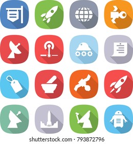 flat vector icon set - shop signboard vector, rocket, globe, satellite, antenna, laser, lunar rover, shopping list, label, mortar, start, robot