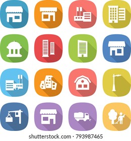 flat vector icon set - shop vector, store, houses, goverment house, skyscrapers, skyscraper, mall, modern architecture, outdoor light, loading, sweeper, garden cleaning