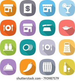 flat vector icon set - shop vector, receipt, cocktail, cafe, cutting board, pan, salt pepper, plates, fork spoon plate, grater, meal cap, hot, barrel, wine