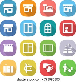 flat vector icon set - shop vector, cashbox, window, arch, flower in, curtain, clean floor, skyscrapers cleaning, wiping, toilet