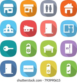 flat vector icon set - shop vector, wc, home, mansion, house with garage, door, plan, key, do not distrub, fridge, welcome mat, please clean