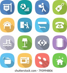 flat vector icon set - shop signboard vector, diagram, courier, medical label, barn, delivery, lounger, phone, pool, floor lamp, connect, chip, steam pan, grill oven, seeds, house cleaning