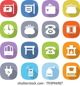 flat vector icon set - shop signboard vector, wallet, purse, clock, phone, wardrobe, dresser, stool, fireplace, plug, mobile, hand mill, cooking book