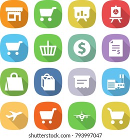 flat vector icon set - shop vector, cart, presentation, basket, dollar coin, account balance, shopping bag, atm receipt, mall, plane
