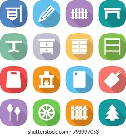 flat vector icon set - shop signboard vector, pencil, fence, table, nightstand, chest of drawers, rack, cutting board, fireplace, trees, wheel, spruce