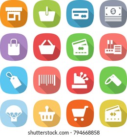flat vector icon set - shop vector, basket, card, money, shopping bag, credit, store, label, bar code, cashbox, parachute delivery, cart