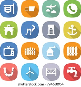 flat vector icon set - shop signboard vector, delivery, journey, phone, arch, greate wall, building, anchor, tv, fence, hand mill, horseshoe, windmill, farm, water tap