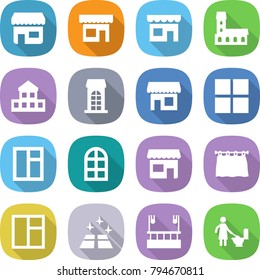 flat vector icon set - shop vector, mansion, cottage, building, window, arch, curtain, clean floor, skysrcapers cleaning, toilet