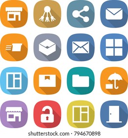flat vector icon set - shop vector, share, mail, delivery, box, window, package, documents, insurance, unlocked, door