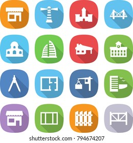 flat vector icon set - shop vector, lighthouse, castle, bridge, mansion, skyscraper, house with garage, university, drawing compasses, plan, loading, hotel, window, fence, farm