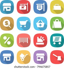 flat vector icon set - shop vector, signboard, shopping bag, dollar arrow, cart, add to basket, percent, bar code, cashbox, delivery, trolley, turk