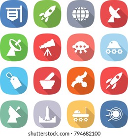 flat vector icon set - shop signboard vector, rocket, globe, satellite antenna, telescope, ufo, lunar rover, label, mortar, start