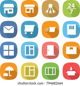 flat vector icon set - shop vector, share, 24 7, mail, delivery, copybook, window, door, package box, insurance