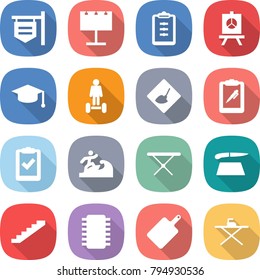 flat vector icon set - shop signboard vector, billboard, clipboard, presentation, graduate hat, hoverboard, under construction, pen, check, surfer, iron board, cutting, stairs, chip
