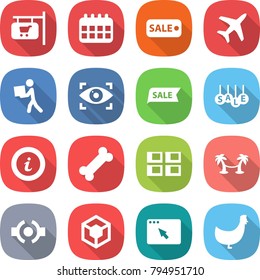 flat vector icon set - shop signboard vector, calendar, sale, plane, courier, eye identity, info, bone, panel house, palm hammock, connect, 3d, browser window, chicken