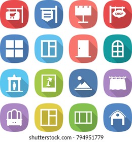 flat vector icon set - shop signboard vector, billboard, window, door, arch, detector, photo, landscape, curtain, dresser, barn