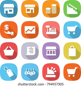 flat vector icon set - shop vector, coin stack, crisis, investment, statistics, cashbox, cart, basket, shopping list, market, bag, label, sale