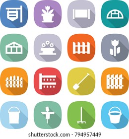 flat vector icon set - shop signboard vector, flower, fence, greenhouse, bed, perishable, watering, shovel, bucket, scarecrow, rake