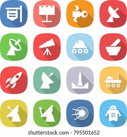 flat vector icon set - shop signboard vector, billboard, satellite, antenna, telescope, lunar rover, mortar, rocket, start, robot