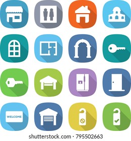 flat vector icon set - shop vector, wc, home, mansion, arch window, plan, key, garage, fridge, door, welcome mat, do not distrub, please clean