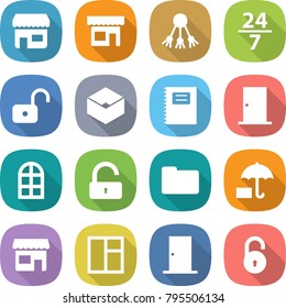 flat vector icon set - shop vector, share, 24 7, unlock, box, copybook, door, arch window, documents, insurance