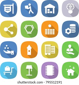 flat vector icon set - shop signboard vector, courier, warehouse, bulb brain, molecule, hex, sun power, virtual mining, chemical industry, tower, houses, client, baggage trolley, floor lamp, chip
