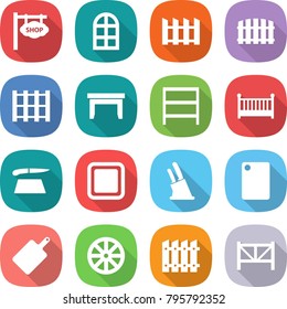 flat vector icon set - shop signboard vector, arch window, fence, pallet, table, rack, crib, cutting board, knife holder, wheel, farm