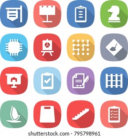 flat vector icon set - shop signboard vector, billboard, clipboard, chess horse, chip, presentation, under construction, check, inventory, pallet, windsurfing, cutting board, stairs, list