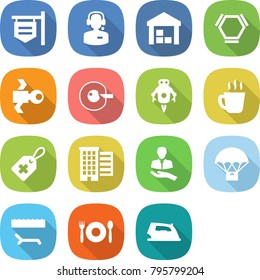 flat vector icon set - shop signboard vector, call center, warehouse, hex molecule, satellite, cell corection, jet robot, hot drink, medical label, houses, client, parachute delivery, lounger, cafe
